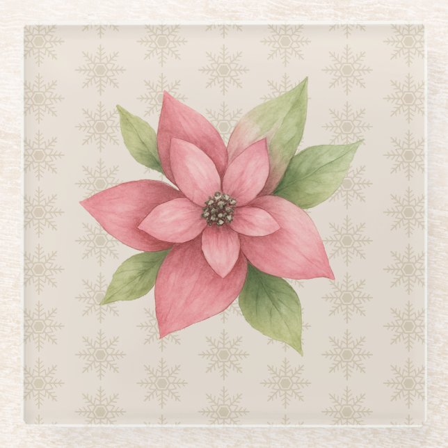 Poinsettia Flower Illustration Snowflake Pattern Glass Coaster (Front)