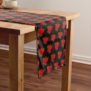 Poinsettia Flower Pattern on Black Short Table Runner