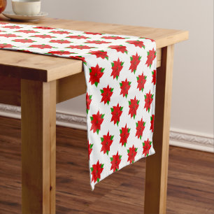 Poinsettia Flower Pattern on White Short Table Runner