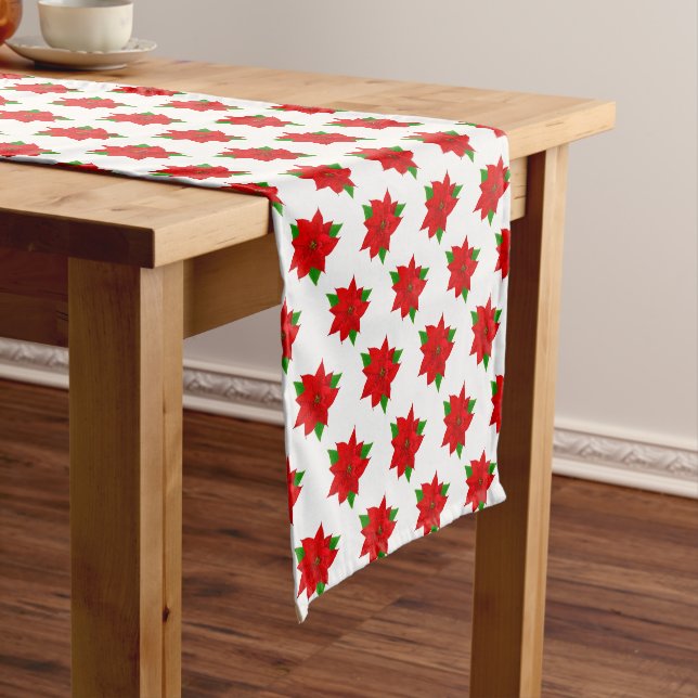 Poinsettia Flower Pattern on White Short Table Runner (In Situ)