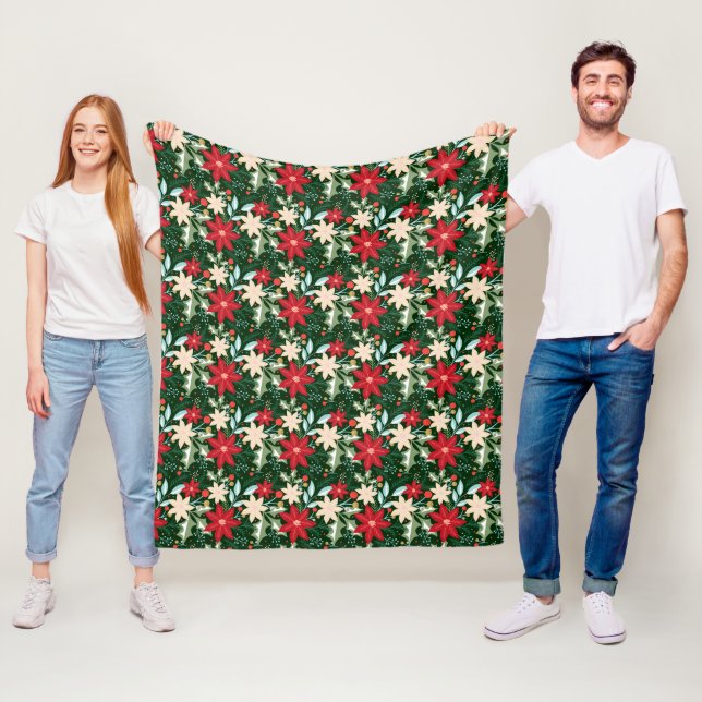 Poinsettia Flowers and Leaves Holiday Christmas Fleece Blanket (In Situ)