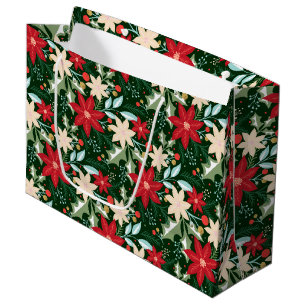 Poinsettia Flowers and Leaves Holiday Christmas Large Gift Bag