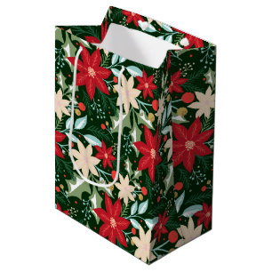 Poinsettia Flowers and Leaves Holiday Christmas Medium Gift Bag