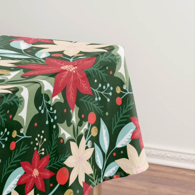 Poinsettia Flowers and Leaves Holiday Christmas Tablecloth (In Situ)