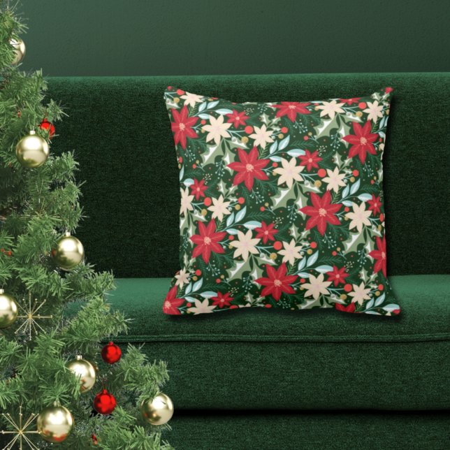 Poinsettia Flowers and Leaves Holiday Christmas Throw Pillow (Creator Uploaded)
