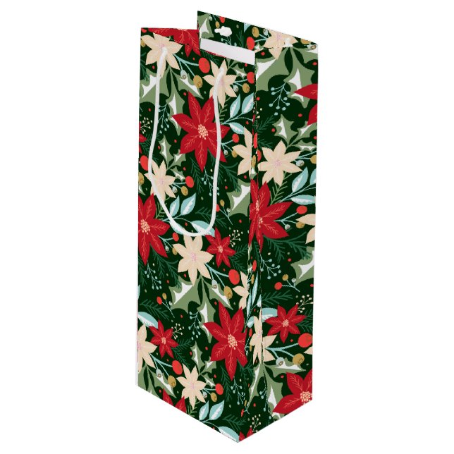 Poinsettia Flowers and Leaves Holiday Christmas Wine Gift Bag (Front Angled)