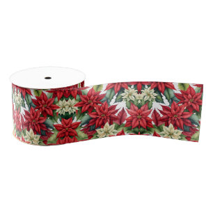 Poinsettia Flowers, Christmas Star Grosgrain Ribbon