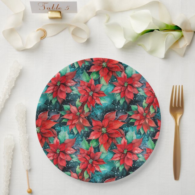 Poinsettia Flowers Classic Christmas Floral Paper Plate (Wedding)