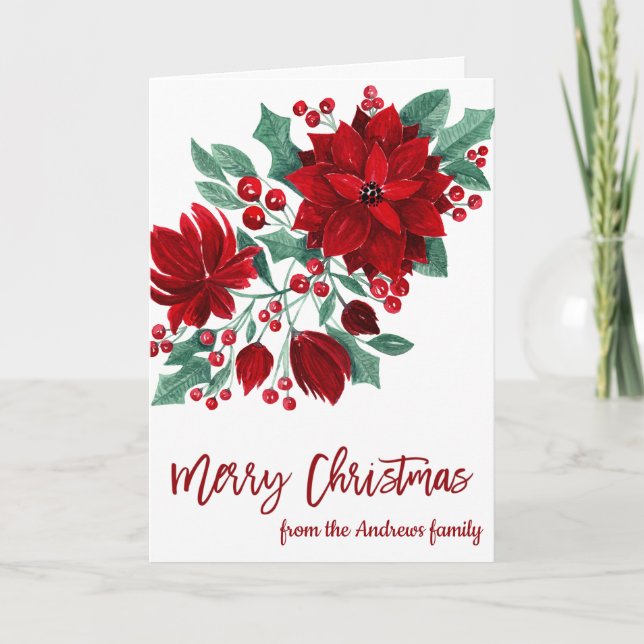 Poinsettia Flowers Ivy Leaves Watercolor Christmas Holiday Card (Front)