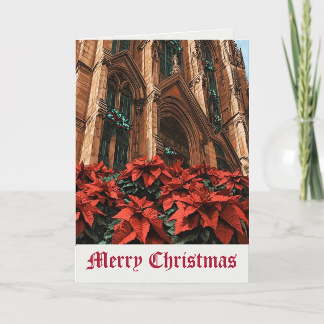 Poinsettia Flowers Medieval Merry Christmas Card (Front)