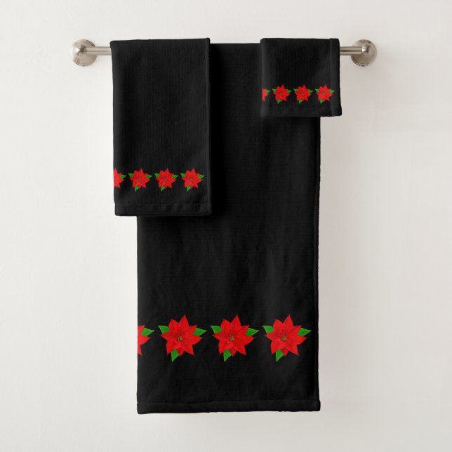 Poinsettia Flowers on Black Bath Towel Set (Insitu)