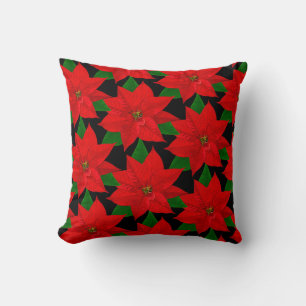 Poinsettia Flowers on Black Throw Pillow