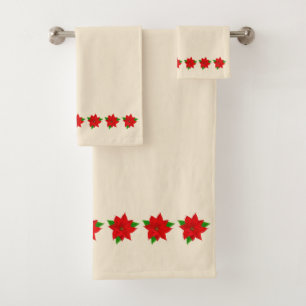 Poinsettia Flowers on Light Champagne Beige Bath Towel Set