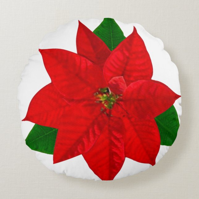 Poinsettia Flowers on White Round Pillow (Front)