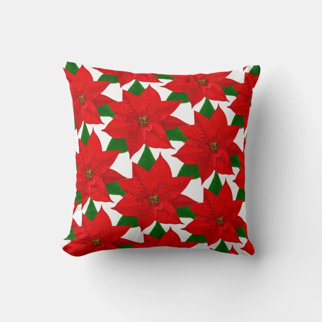 Poinsettia Flowers on White Throw Pillow (Front)