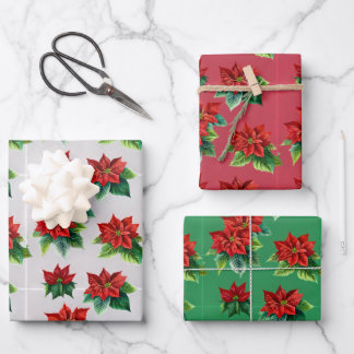 Poinsettia flowers red , green, white Background. Wrapping Paper Sheet