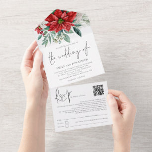 Poinsettia Foliage QR Code Script Wedding All In One Invitation