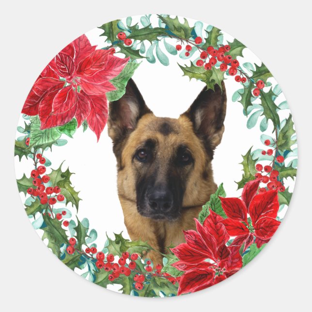 Poinsettia German Shepherd Dog Christmas Wreath Classic Round Sticker (Front)