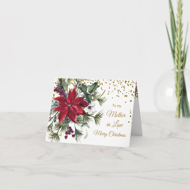 Poinsettia, gold confetti Mother in Law Christmas Card (Front)