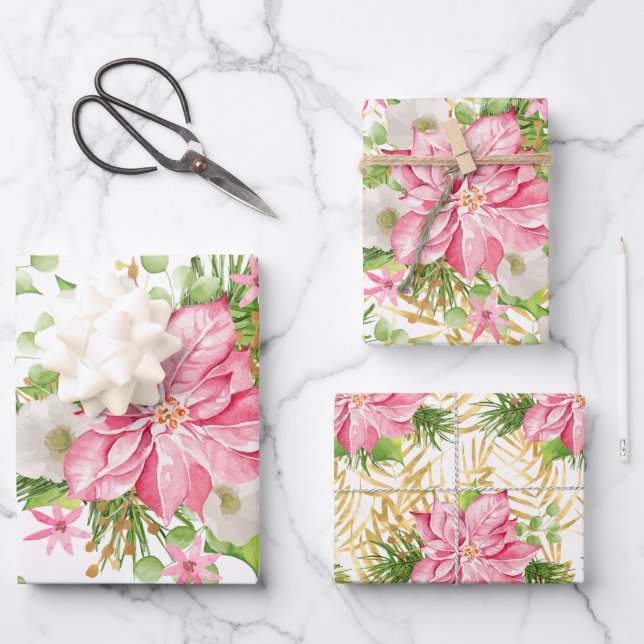 Poinsettia Gold Palm Tree  Wrapping Paper Sheet (Front)