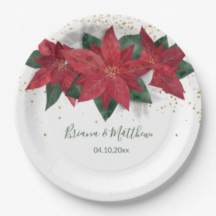 Poinsettia Green Christmas Wedding Paper Plate