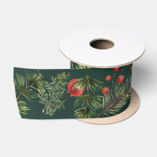 Poinsettia Greenery Botanical Floral Satin Ribbon