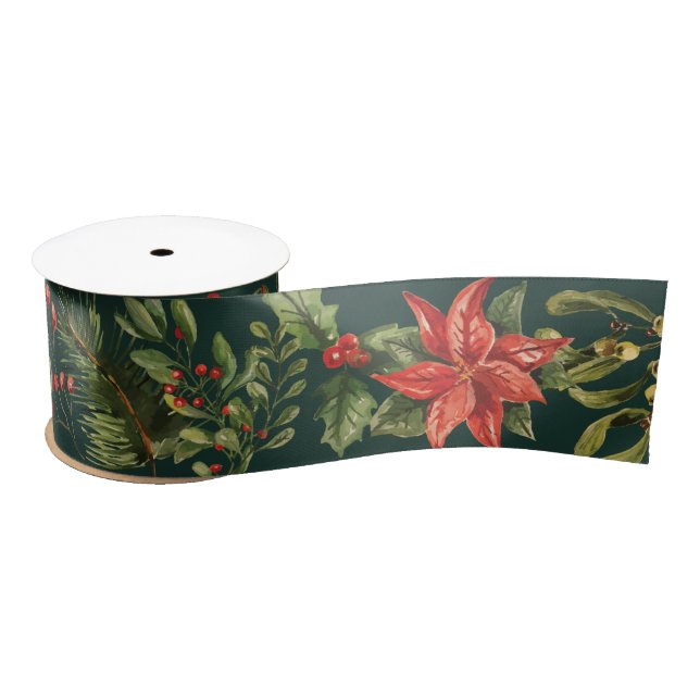 Poinsettia Greenery Botanical Floral Satin Ribbon (Spool)