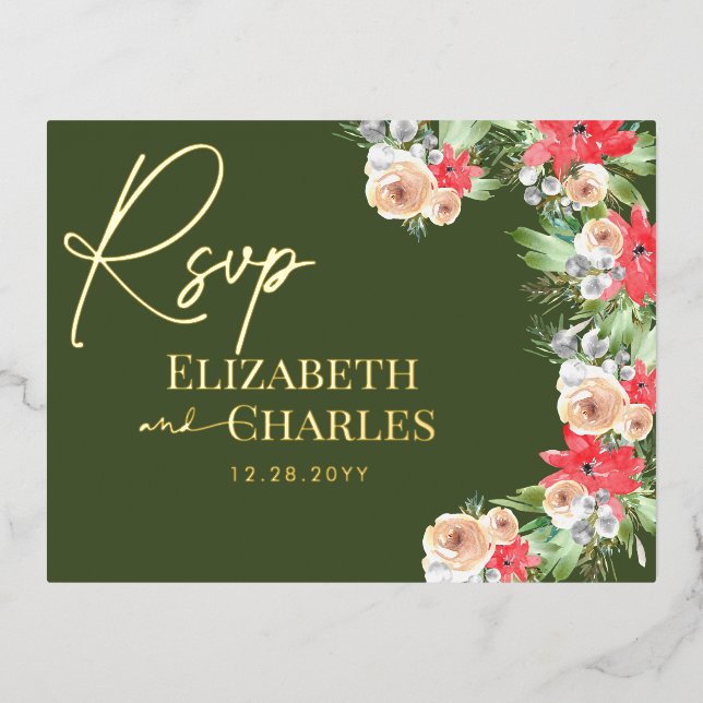 Poinsettia Greenery Christmas Holiday RSVP Foil Invitation Postcard (Front)