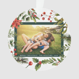 Poinsettia Greenery Floral Family Photo Ornament