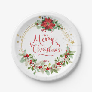 Poinsettia Greenery Foliage Red Berry Christmas Paper Plate