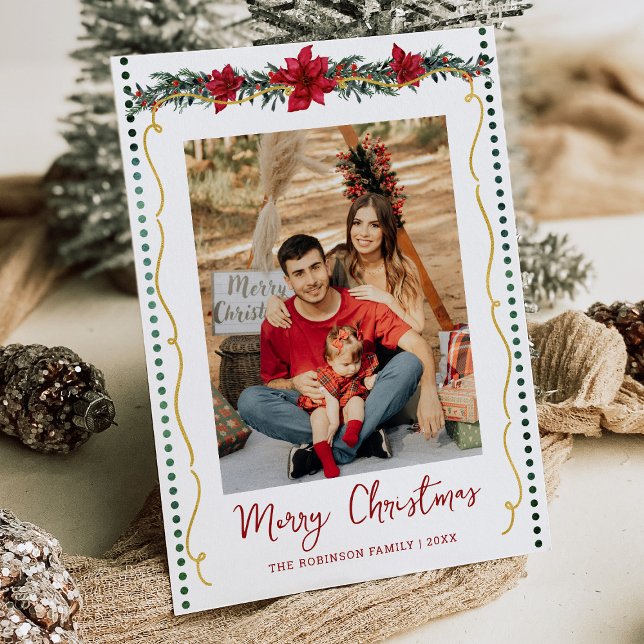 Poinsettia Greenery Gold Merry Christmas 1 Photo Holiday Card (Creator Uploaded)