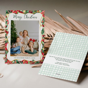 Poinsettia Greenery Pattern Merry Christmas Photo Holiday Card