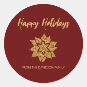 Poinsettia Happy Holidays Glitter Christmas Classic Round Sticker