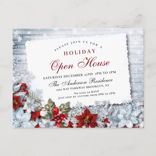 Poinsettia Holiday Christmas Open House Invitation Postcard (Front)
