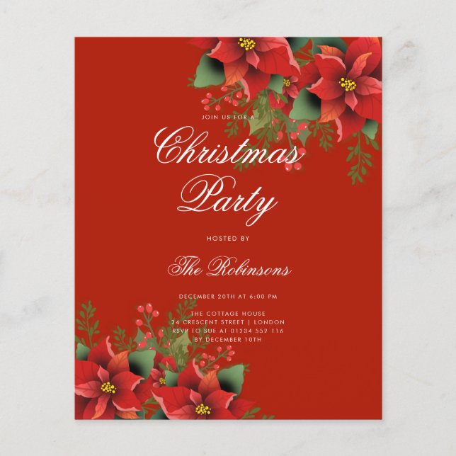 Poinsettia Holiday Invite Program Menu Red  (Front)