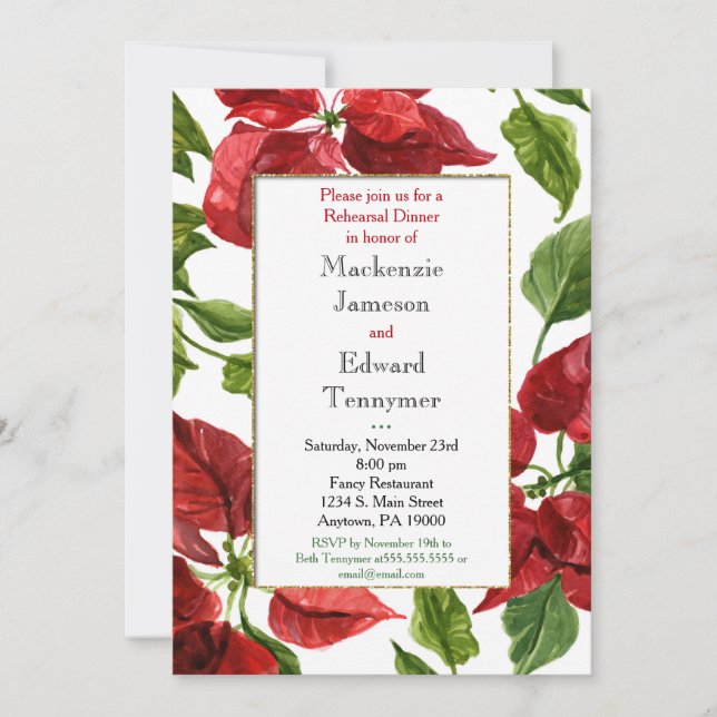 Poinsettia Holiday Rehearsal Dinner Invitation (Front)