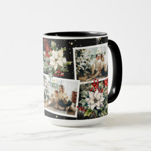 Poinsettia Holly Berries Black Photo Christmas Mug