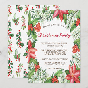 Poinsettia,Holly Berries Corporate Christmas Party Invitation