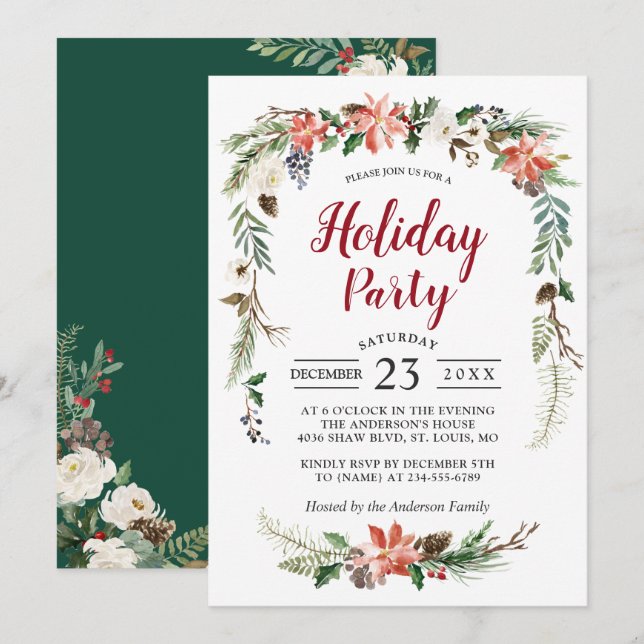 Poinsettia Holly Berry Ivory Floral Holiday Party Invitation (Front/Back)