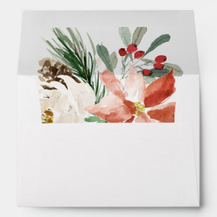 Poinsettia Holly Berry Ivory Floral Holiday Season Envelope