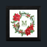 Poinsettia Holly Berry Monogram Christmas Gift Box<br><div class="desc">This pretty Holiday ceramic tile gift box has a vintage image of a holly berry and red poinsettia wreath. At one side perches a bright little bird. At the centre is your monogram in soft matching green,  with your name or other text below it.</div>