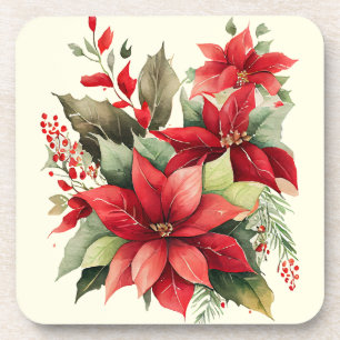 Poinsettia Holly Berry Red White Flower Christmas Coaster