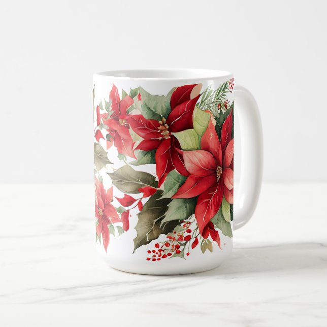Poinsettia Holly Berry Red White Flower Christmas Coffee Mug (Front Right)