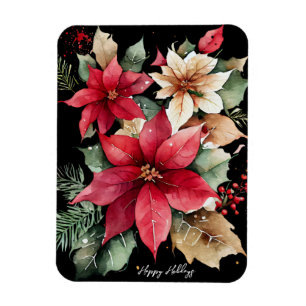 Poinsettia Holly Berry Red White Flower Christmas Magnet