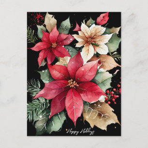 Poinsettia Holly Berry Red White Flower Christmas Postcard