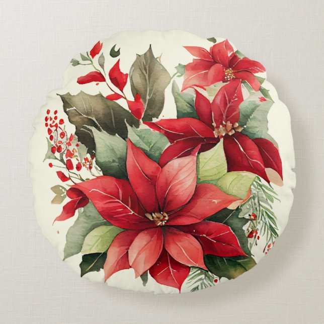 Poinsettia Holly Berry Red White Flower Christmas Round Pillow (Front)