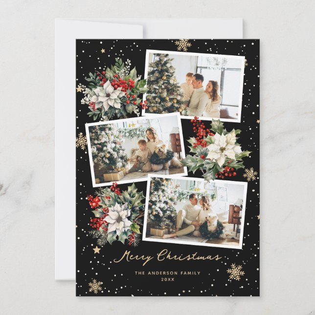 Poinsettia Holly Black Photo Merry Christmas Card (Front)