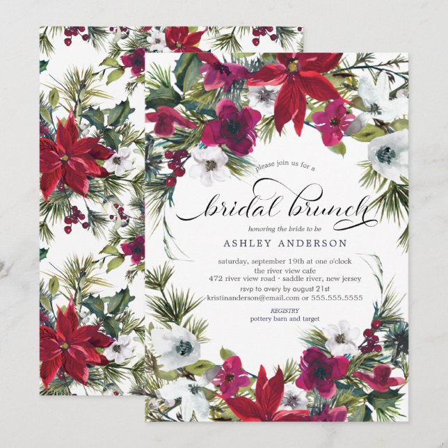Poinsettia Holly Bridal Shower Brunch Invitation (Front/Back)