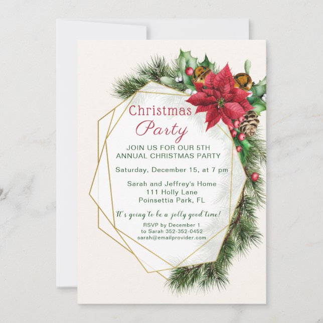 Poinsettia, holly, pine Christmas party Invitation (Front)