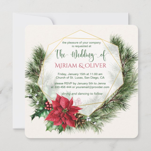 Poinsettia, holly, pine Christmas Wedding Invitation (Front)